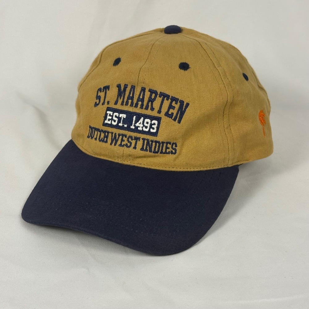 St. Maarten Dutch West Indies Hat OSFA Tan Navy Blue Rima Souvenir Baseball Cap